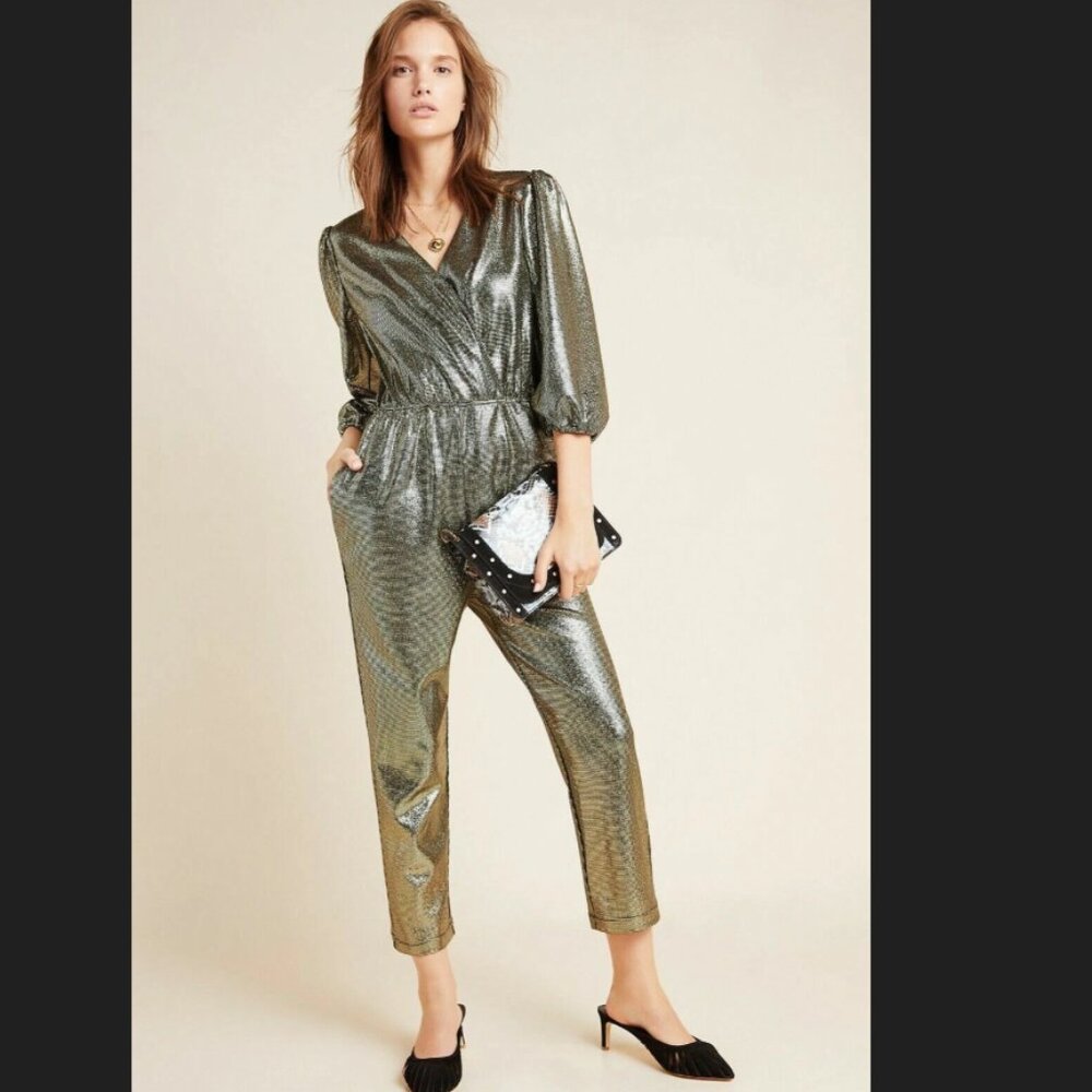 Anthropologie Dolan Glimmer Metallic Jumpsuit Size S Holiday Party Night Out